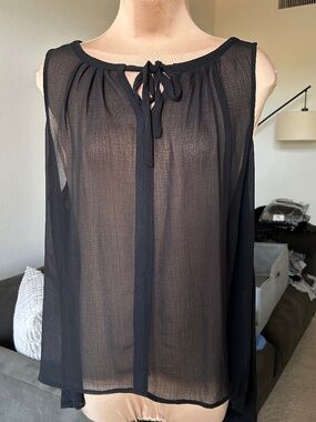 MERONA Black Mixed Media Sheer Front Sleeveless Blouse, Hi-Lo Hem